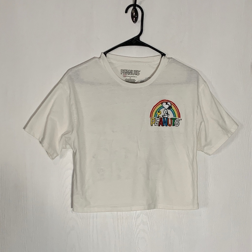 Peanuts White Cropped Tee Rainbow Logo Snoopy Cartoon XS Nostalgic Y2K Retro